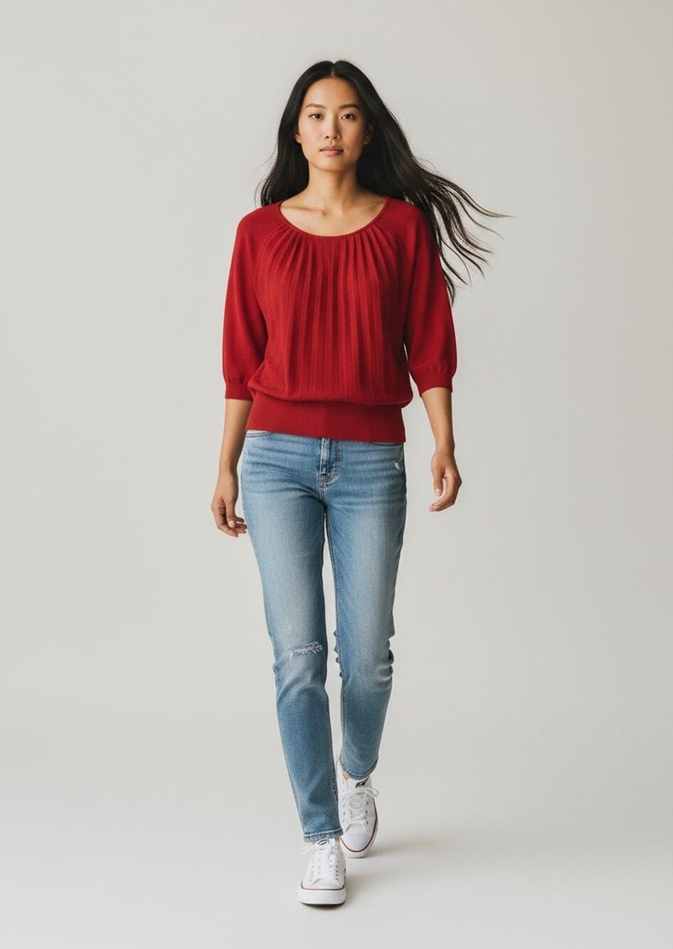 Loft Red Gathered Neck Top Small Banded Bottom Short Boxy Blouse 3/4 Sleeve